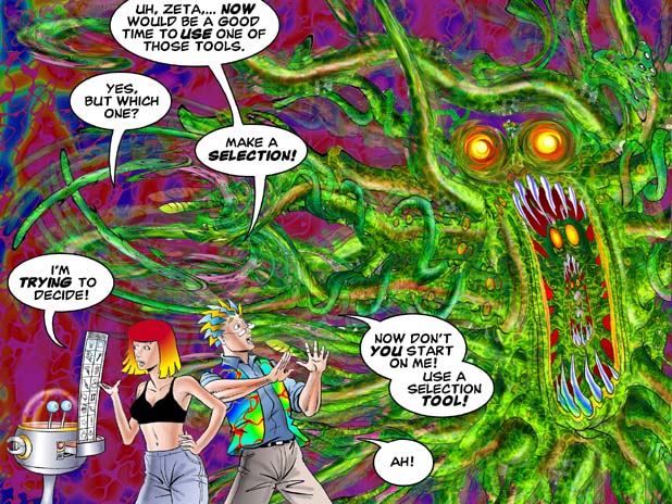 A green tentacle monster, half-merged into the abstract background, is attacking a groovy-lookin man and woman. The creature's warped sharp-teethed mouth contains a recursive copy of itself. The man is terrified, asking the woman to 'make a selection' as the woman is looking through an MS Paint tool menu. He wants her to use the 'select' tool on the monster.