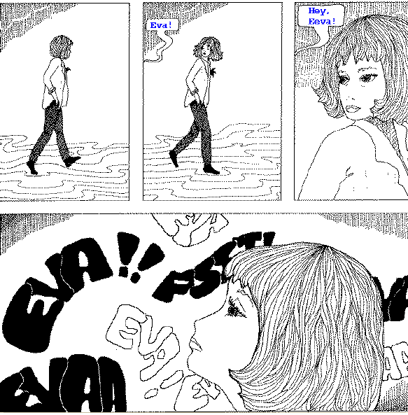 Four panels showing a woman walking without a clear backdrop. At the ground is a wavy pattern. Someone offscreen yells her name, 'Eva'. The woman turns around and the yelling gets louder, the name 'EVA' filling the background of the fourth panel.