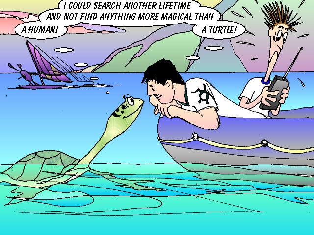 A man in a row boat and a sea turtle staring affectionately at eachother, both thinking 'I could search another lifetime and not find anything more magical than a human/a turtle' about eachother. The background is drawn with rough MS Paint lines and a vaporwave colorsceheme.
