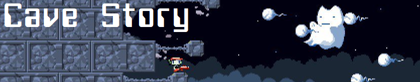 Cave Story: a pixely side-scrolling platformer. Showing a small red-capped guy being shot at by a tablesheet ghost.