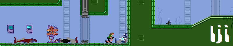 Iji: A pixely side-scrolling platformer. Showing a woman hunching over the body of an injured alien, with two dead aliens behind her.