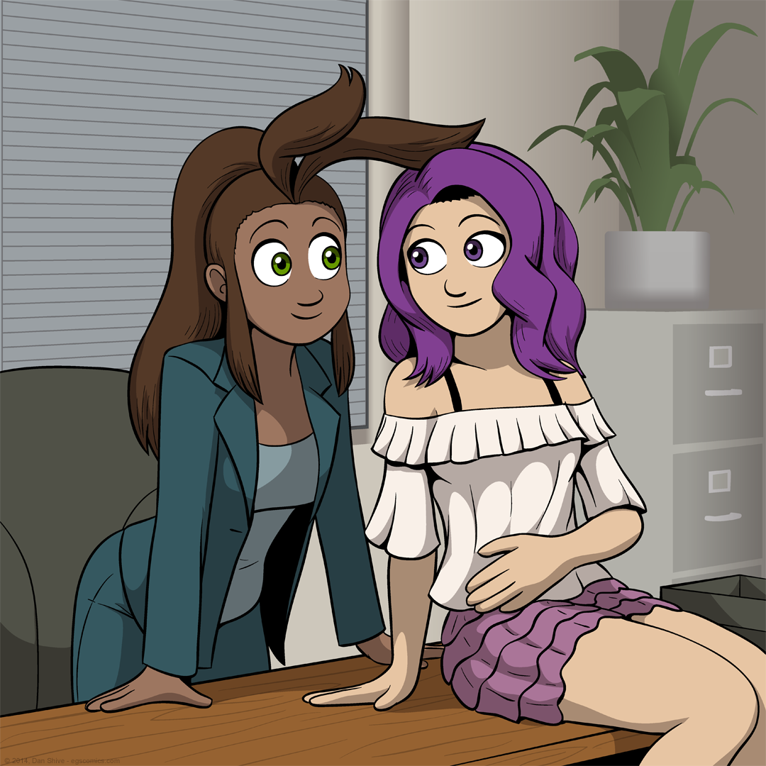 Female!Tedd and Grace sitting in an office environment, wearing casual office clothes, looking at eachother in a lovingly manner. Grace's antennae caresses Tedd's curly long hair softly.