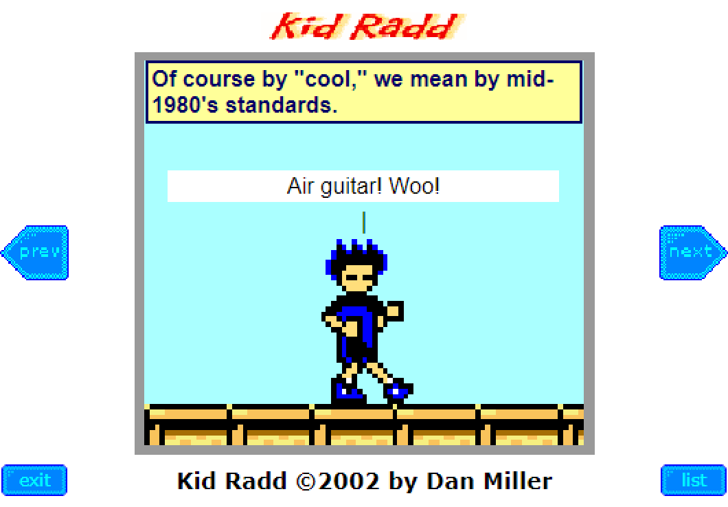 mid-1980s-style video game sprite of a young man with blue hair is playing air guitar.