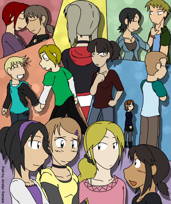A collage of characters - friends, family, and romantic interests - interacting. It is the cover art of chapter 28.