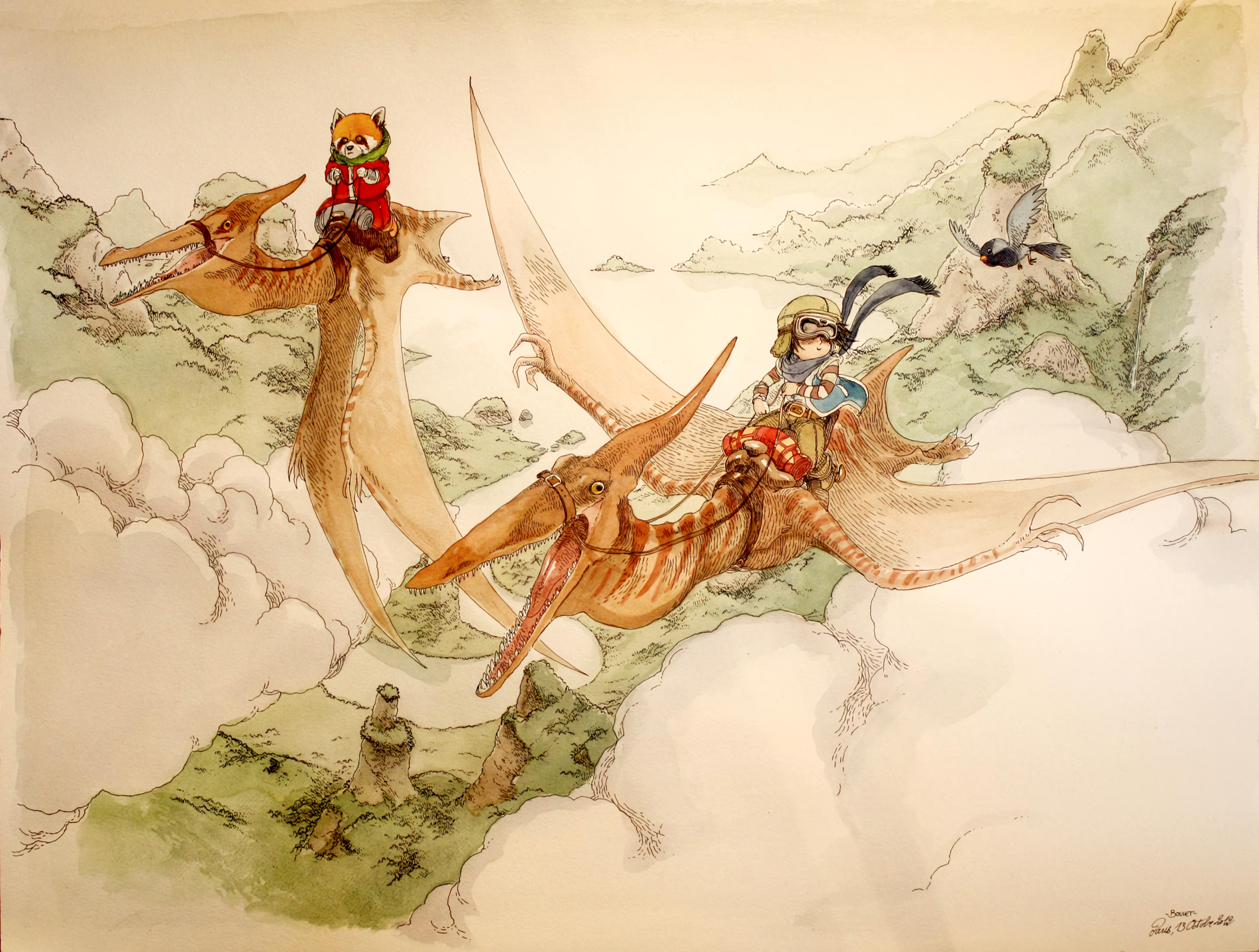 A child and a brown anthropomorphized raccoon, each riding on a pterodactyl, over a Ghibli-esque cloudy foresty landscape