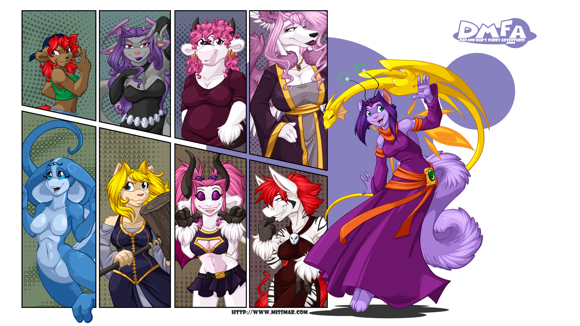 A diverse group of furry women presented in a collage. A red-headed ferret, a pink-headed cow and dog, a blonde cat, etc. Some characters feature horns or head-wings. There is also a cute blue three-eyed undressed lizard-like creature. The clear lead-character, a purple fae-kitty in a purple dress with orange sashes, is waving. An angry-lloking small yellow cartoony drake flies around her.