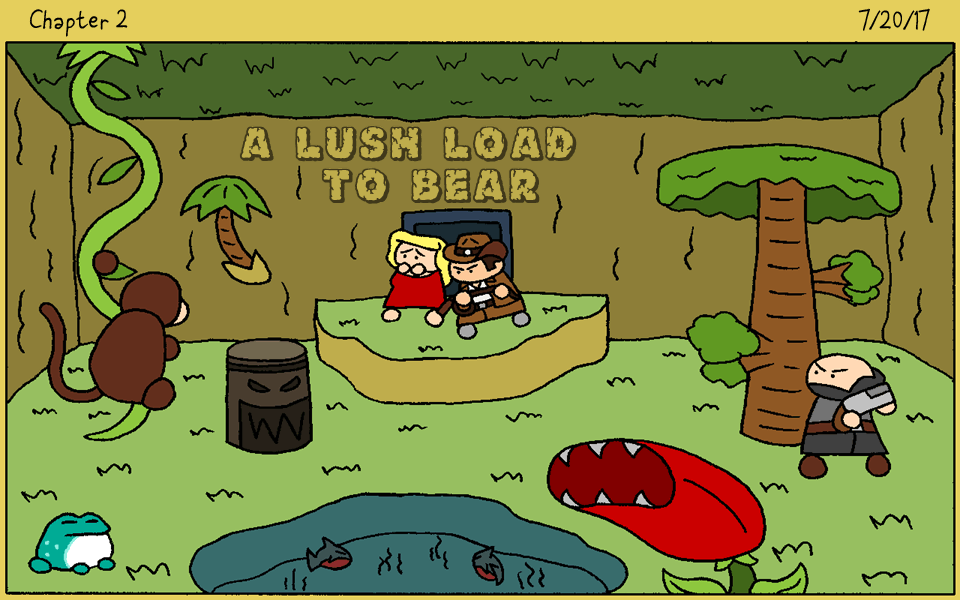 An Indiana Jones-like man stands in front of a underground jungle cave. A scared damsel in a red dress stands behind him. We see a monkey on a vine, a blue frog, a tiki statue, a lake with piranhas, a big red mantrap, and hiding behind a tree is a man with a beard and a shotgun.