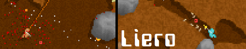 Liero: A pixely multiplayer 2D battle arena. Splitscreen, showing two worms firing guns at eachother.