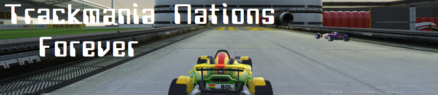 Trackmania Nations Forever: an arcadey sandbox racing game. Showing a Bolivian car driving on a straight road towards a speed-up tile.
