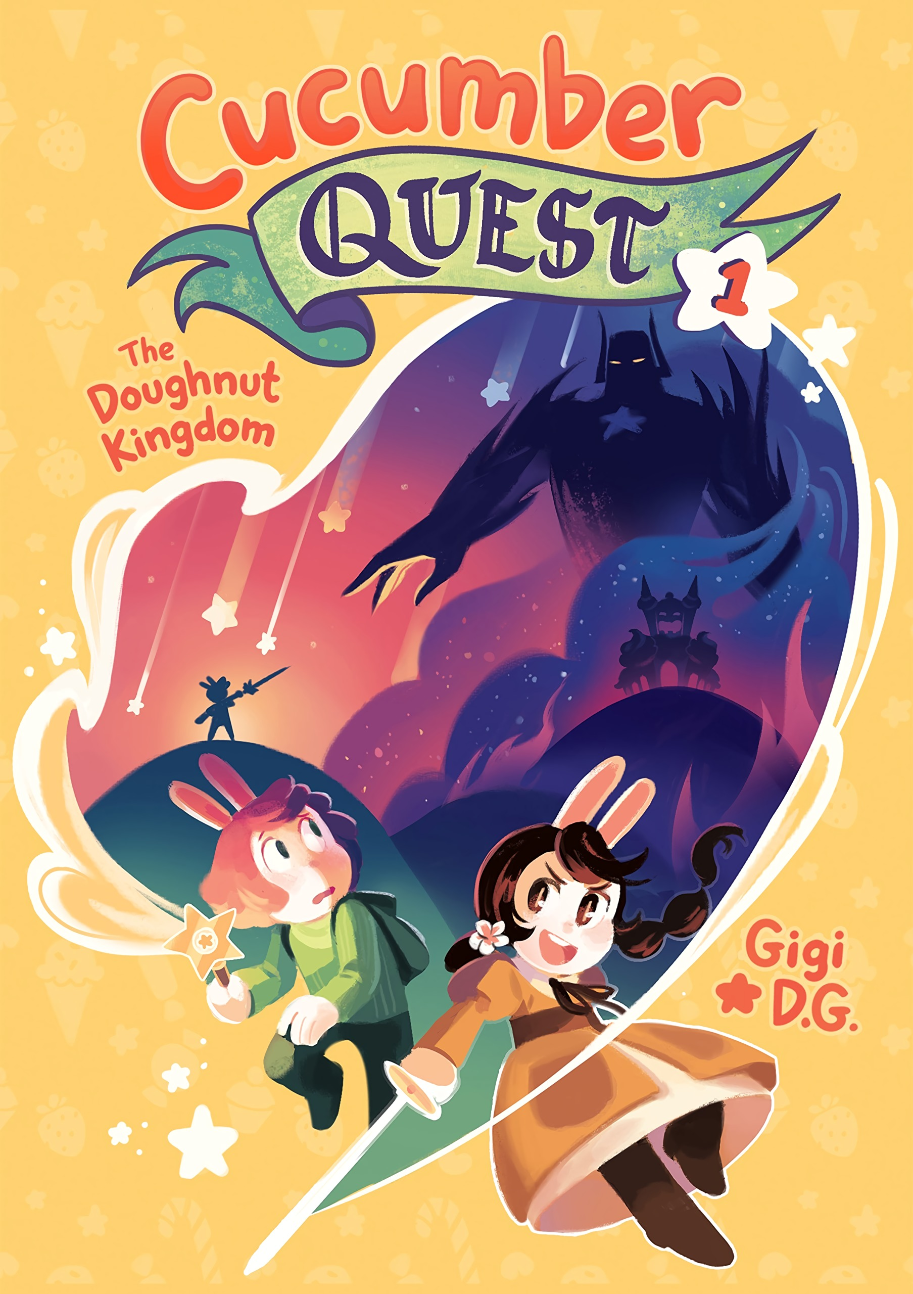 A worried boy with a wand (Cucumber) and a cheerful girl with a sword (Almond) on the cover of Cucumber Quest book 1. The dark Nightmare Knight is shown in the background, standing tall over a burning kingdom.