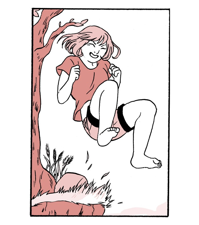 A young woman shaded in ochre cheerily jumping off a cliff into water.