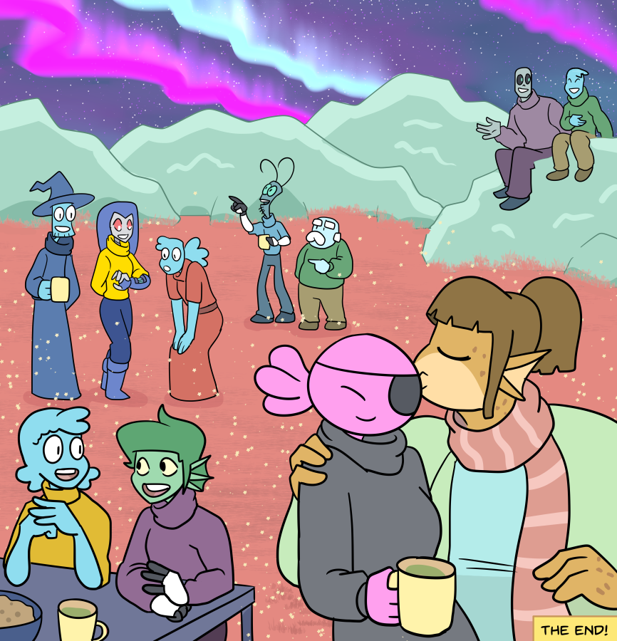 A diverse group of humanoid aliens standing on an extraterrestrial planet lit by a colorful aurora borealis. The characters are chatting in small groups. One foreground character is kissing another on the cheek.